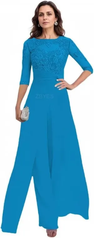 2 Pieces Pant Suits for Women Dressy 3/4 Sleeve Lace Applique Chiffon Mother of The Bride Pantsuits for Wedding Guest