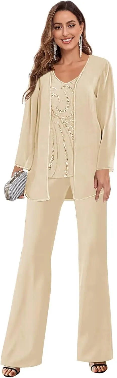 3 Piece Mother of The Bride Pant Suits for Wedding Chiffon Sequins Formal Outfits with Jacket