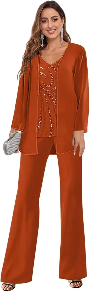 3 Piece Mother of The Bride Pant Suits for Wedding Chiffon Sequins Formal Outfits with Jacket