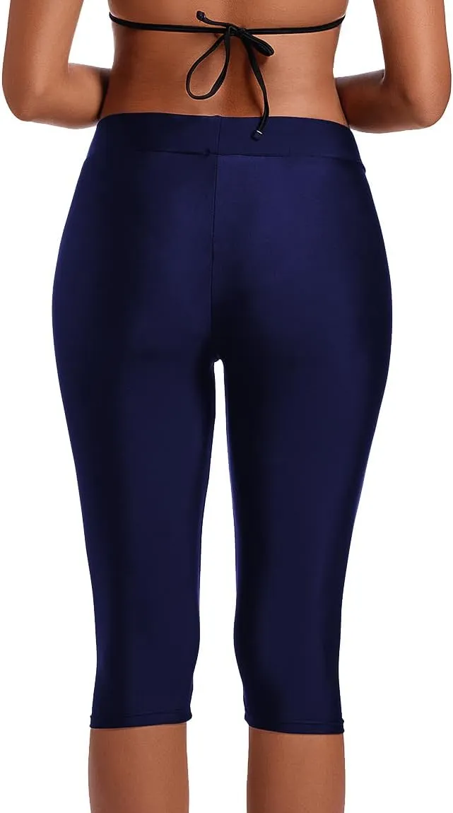 Akaeys Women Knee Length Swim Shorts Leggings Sun Protection Rash Guard Pants Sports Crop Swim Tights Tankini Bottom