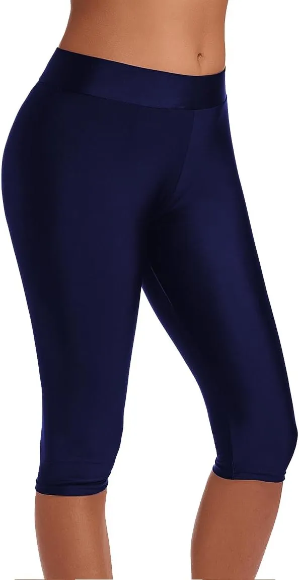 Akaeys Women Knee Length Swim Shorts Leggings Sun Protection Rash Guard Pants Sports Crop Swim Tights Tankini Bottom
