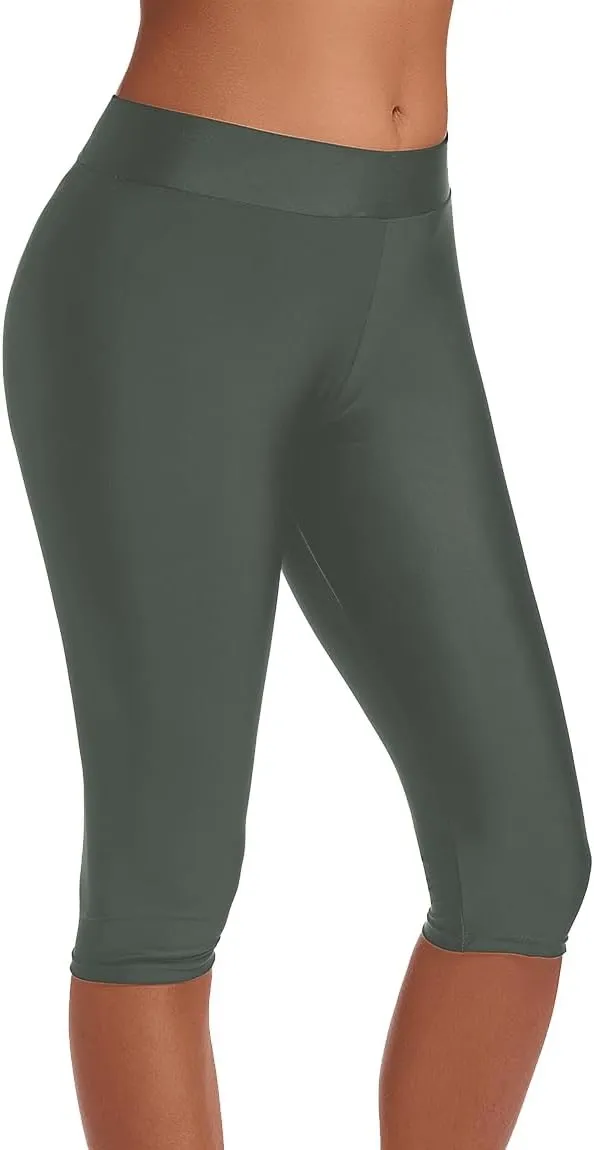 Akaeys Women Knee Length Swim Shorts Leggings Sun Protection Rash Guard Pants Sports Crop Swim Tights Tankini Bottom