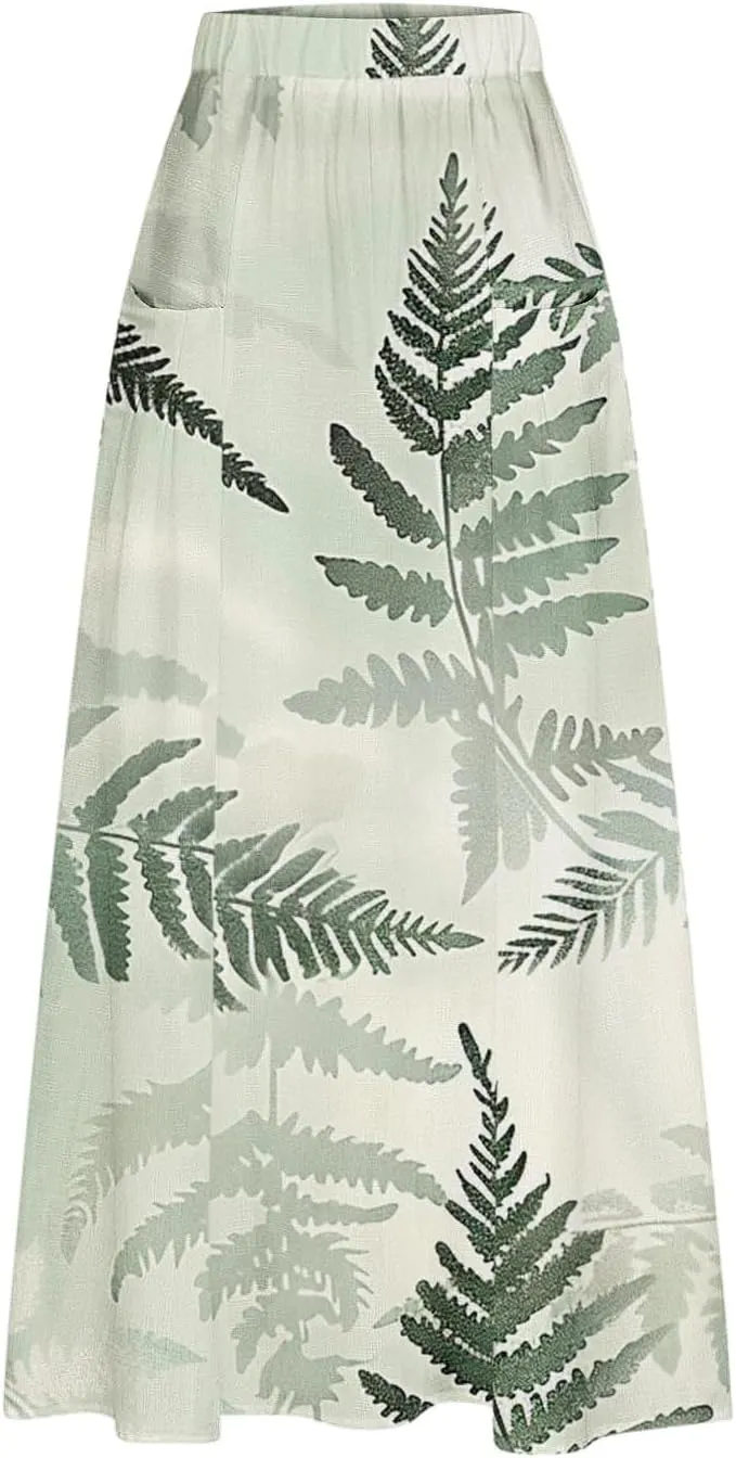 Akklian Flowy Skirts for Women Fashion Boho Floral Print Midi Skirt Flare Pleated Gradient A Line Summer Skirt with Pocket