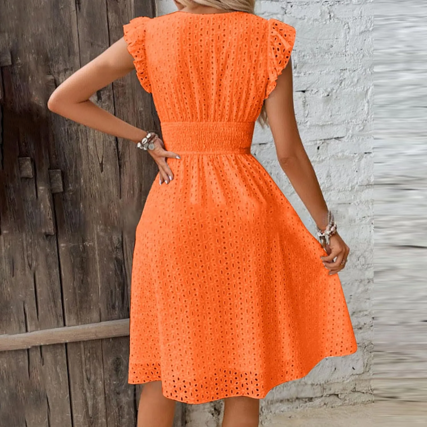 Akklian Women Summer Dresses 2024 Ruffle Cap Sleeve Elegant Eyelet V Neck Mini Dress Casual Loose Empire Waist Boho Sundress