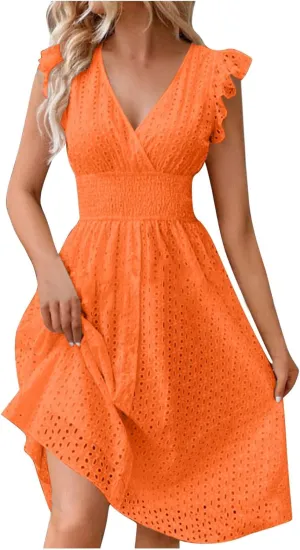 Akklian Women Summer Dresses 2024 Ruffle Cap Sleeve Elegant Eyelet V Neck Mini Dress Casual Loose Empire Waist Boho Sundress