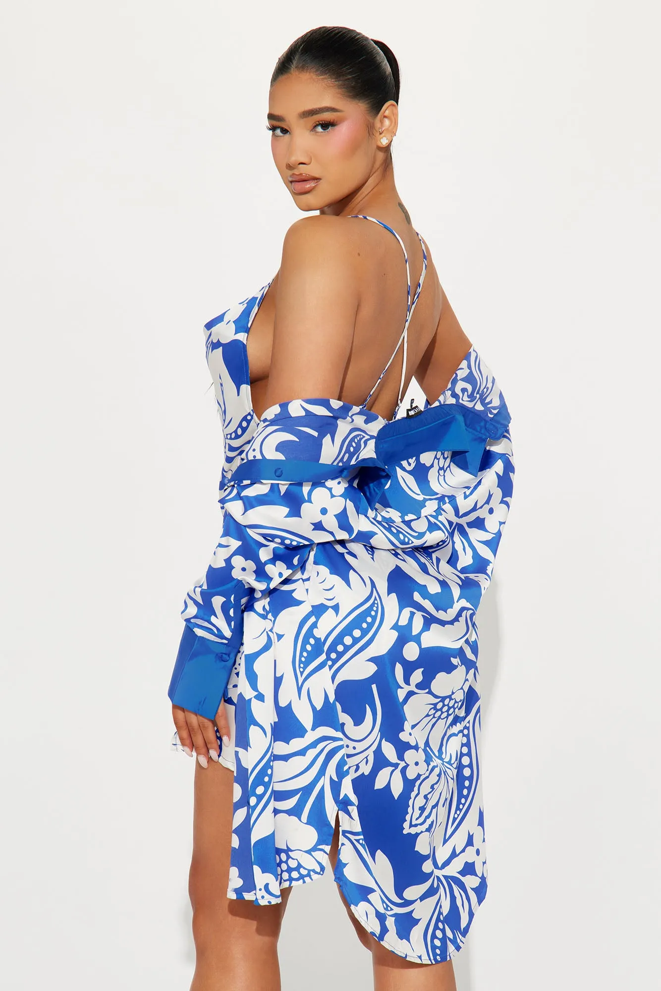 All About Luxe Satin Mini Dress Set - White/Blue