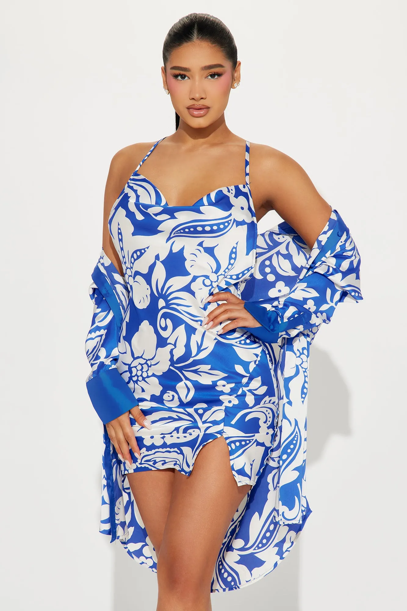 All About Luxe Satin Mini Dress Set - White/Blue