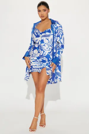 All About Luxe Satin Mini Dress Set - White/Blue