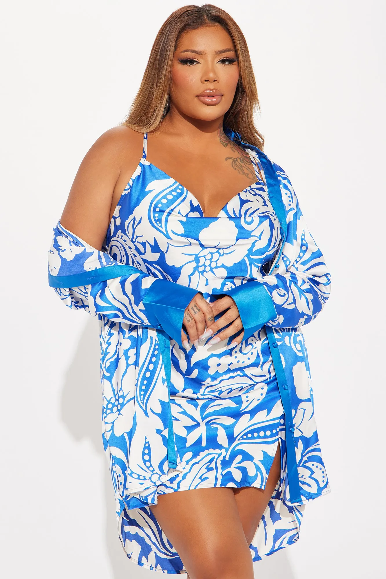 All About Luxe Satin Mini Dress Set - White/Blue