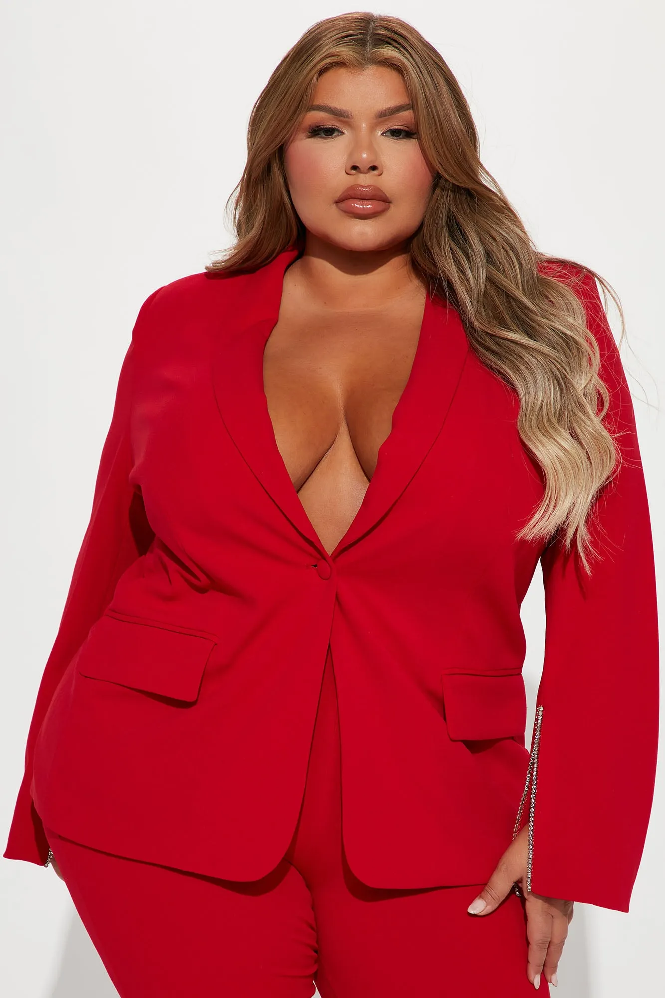 Alyssa Rhinestone Blazer Pant Set - Red