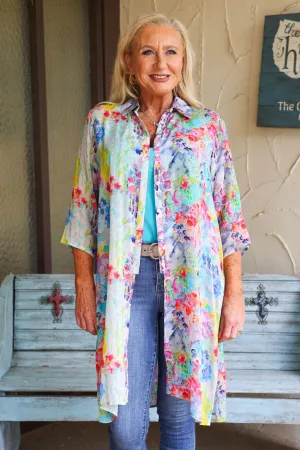 APNY Multi Colored Floral Button Down Long Top Or Kimono With Side Slits