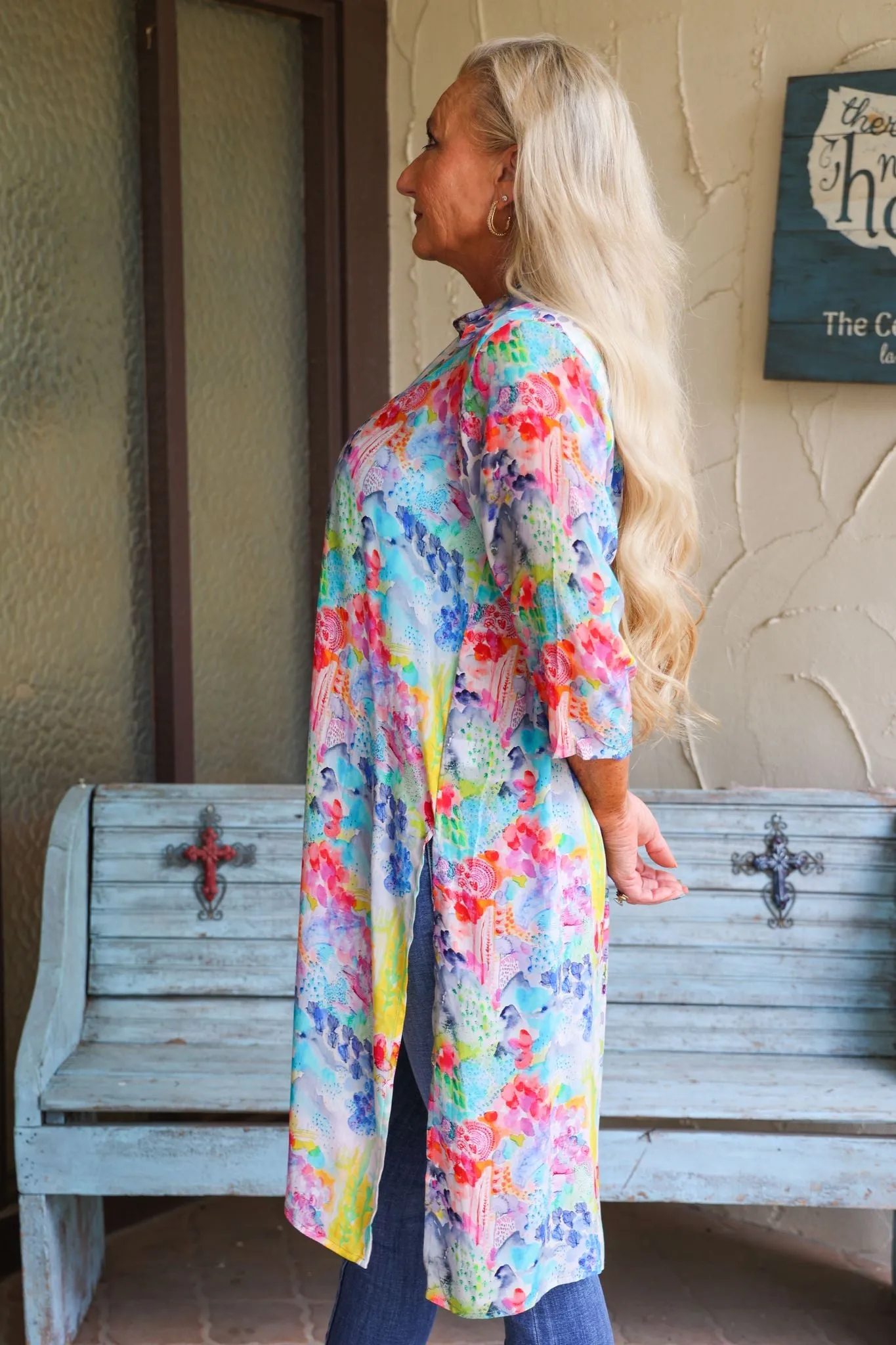 APNY Multi Colored Floral Button Down Long Top Or Kimono With Side Slits