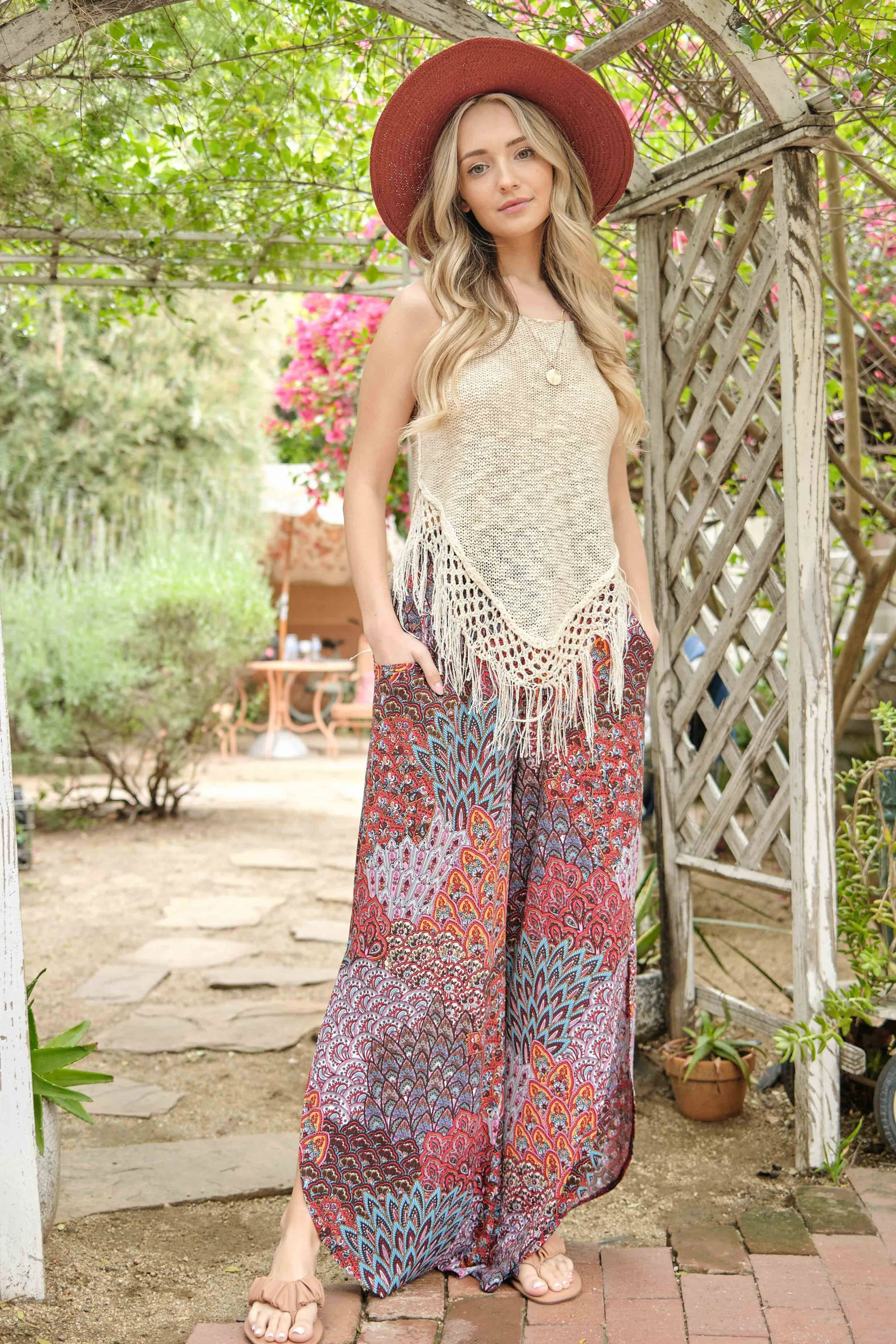 ATW13805 - Smocking Waist Side Slit Round Hem Pants: Lavender / S