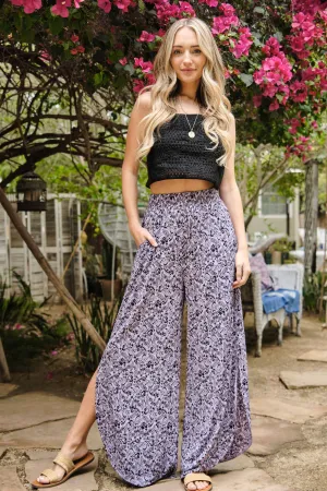 ATW13805 - Smocking Waist Side Slit Round Hem Pants: Lavender / S