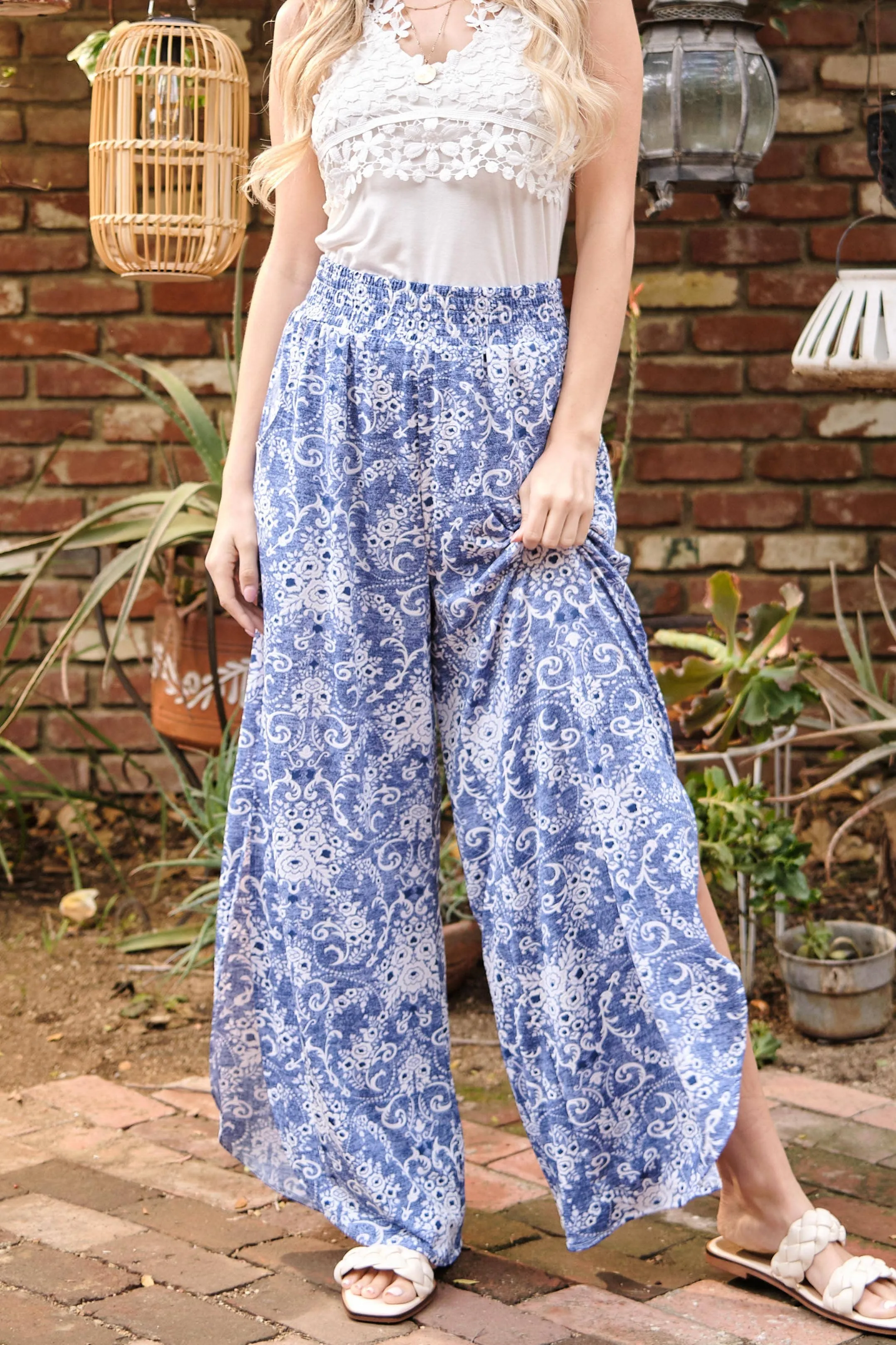 ATW13805 - Smocking Waist Side Slit Round Hem Pants: Lavender / S