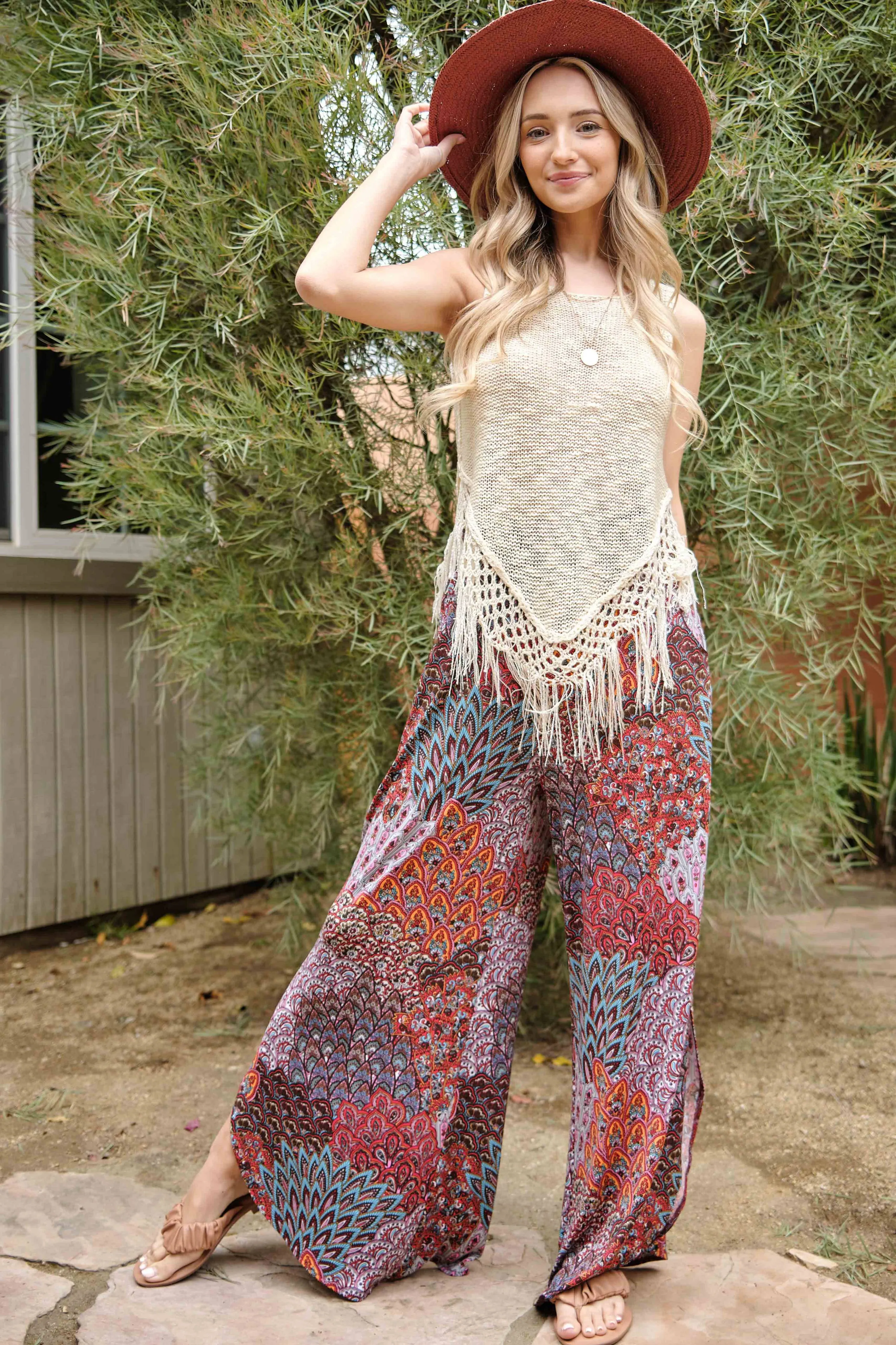 ATW13805 - Smocking Waist Side Slit Round Hem Pants: Lavender / S