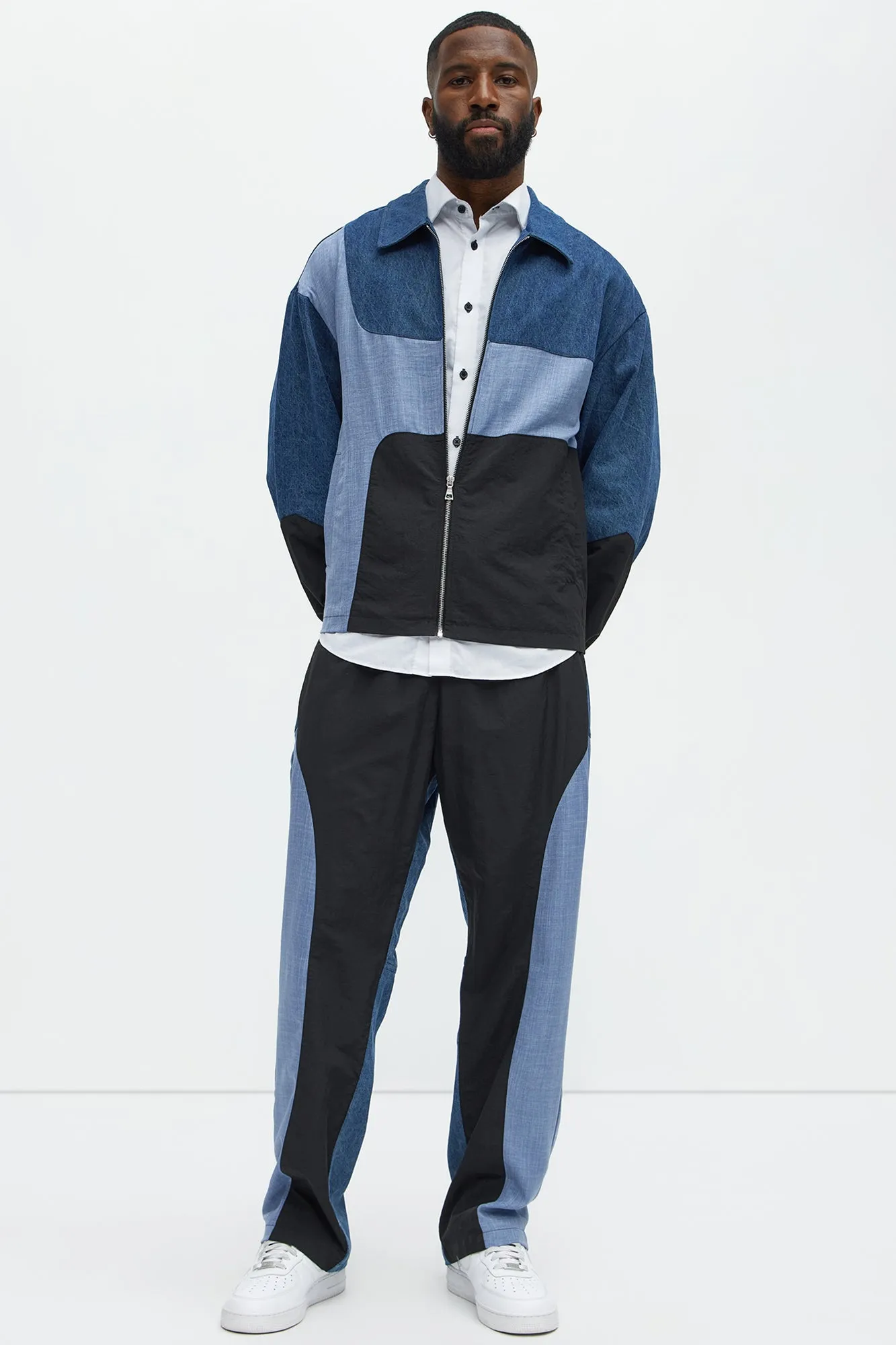 Baggy Colorblock And Denim Pants - Blue/combo