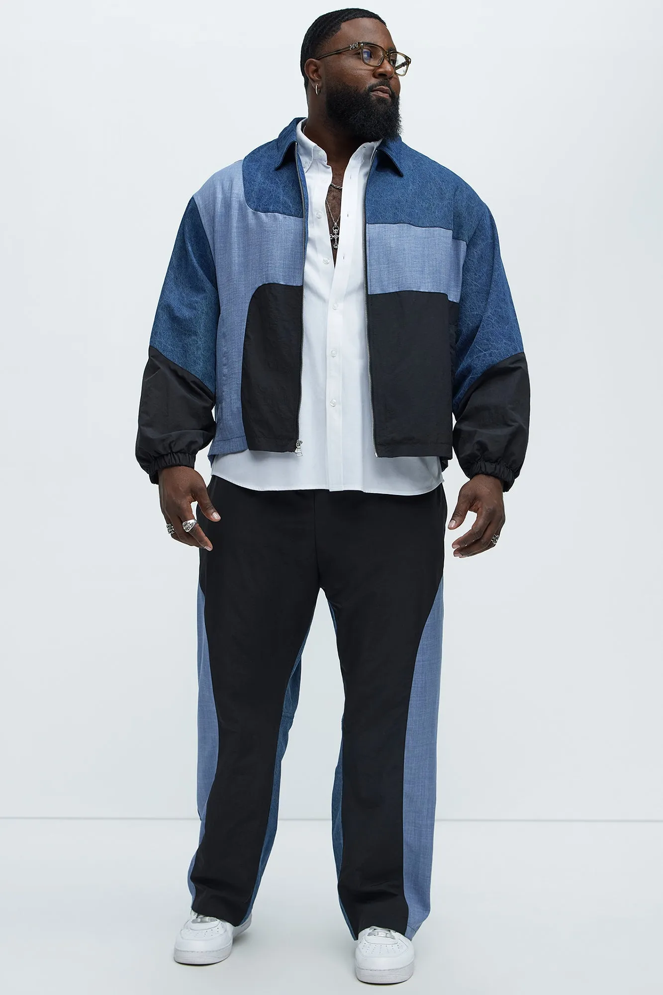 Baggy Colorblock And Denim Pants - Blue/combo