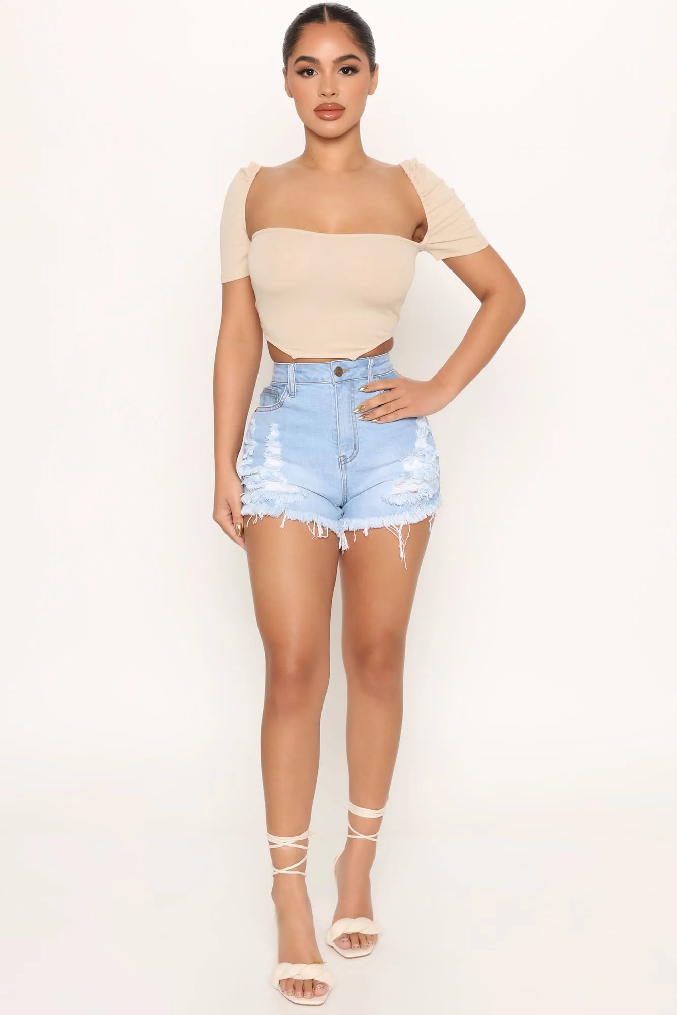 Been Around The Block Ripped Denim Shorts - Light Blue Wash