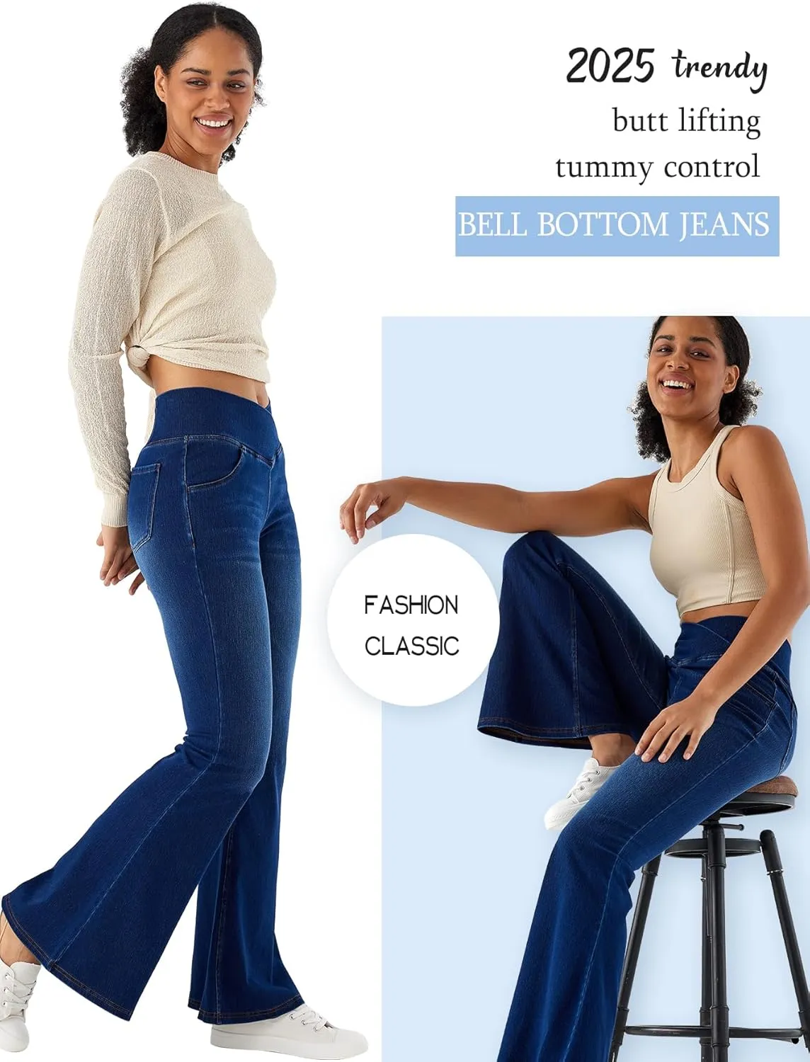 Bell Bottom Jeans for Women High Waisted Stretchy Flare Jeans Pull On Crossover Wide Leg Flared Pants with Pockets