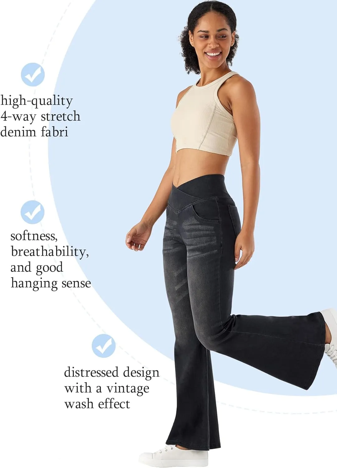 Bell Bottom Jeans for Women High Waisted Stretchy Flare Jeans Pull On Crossover Wide Leg Flared Pants with Pockets