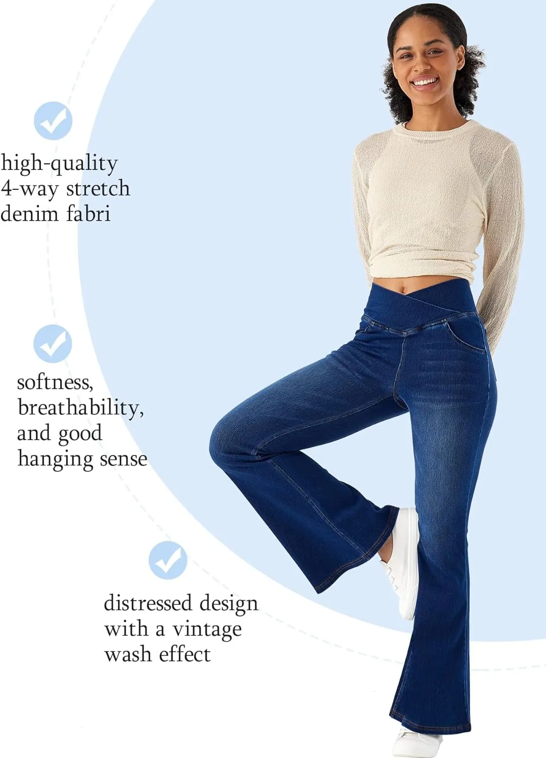 Bell Bottom Jeans for Women High Waisted Stretchy Flare Jeans Pull On Crossover Wide Leg Flared Pants with Pockets