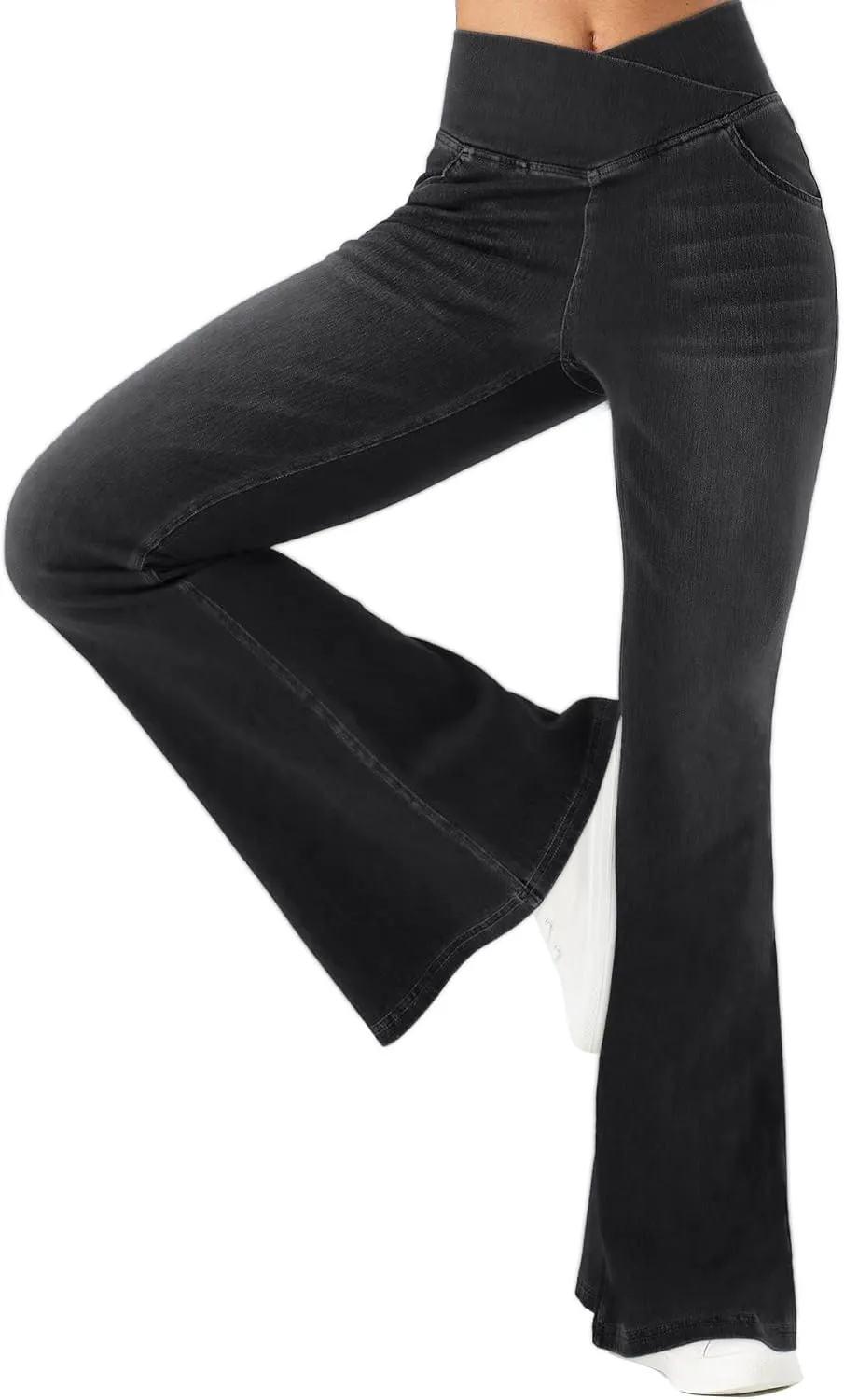 Bell Bottom Jeans for Women High Waisted Stretchy Flare Jeans Pull On Crossover Wide Leg Flared Pants with Pockets