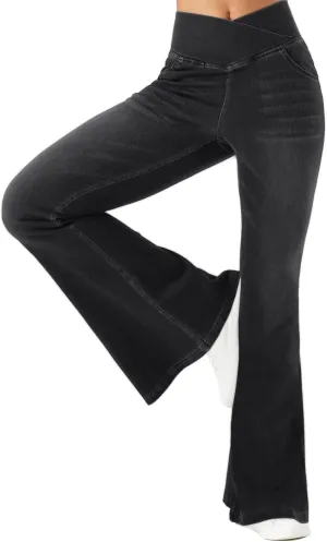 Bell Bottom Jeans for Women High Waisted Stretchy Flare Jeans Pull On Crossover Wide Leg Flared Pants with Pockets