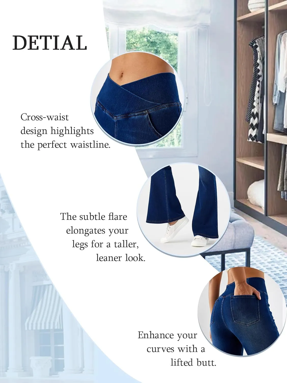 Bell Bottom Jeans for Women High Waisted Stretchy Flare Jeans Pull On Crossover Wide Leg Flared Pants with Pockets
