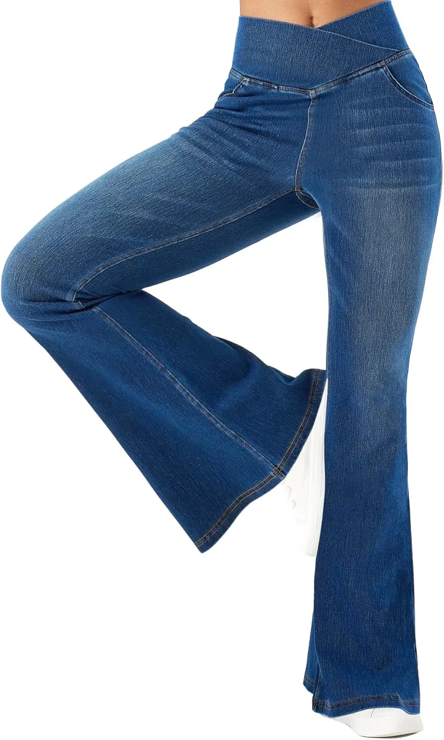 Bell Bottom Jeans for Women High Waisted Stretchy Flare Jeans Pull On Crossover Wide Leg Flared Pants with Pockets