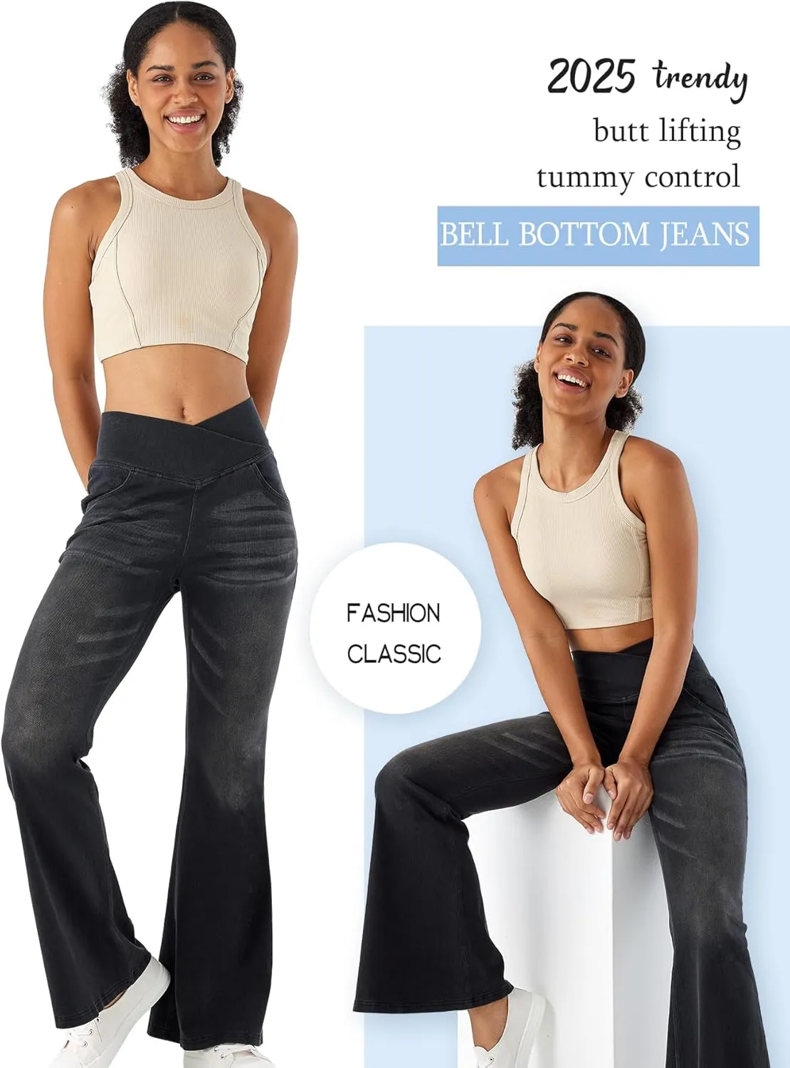 Bell Bottom Jeans for Women High Waisted Stretchy Flare Jeans Pull On Crossover Wide Leg Flared Pants with Pockets