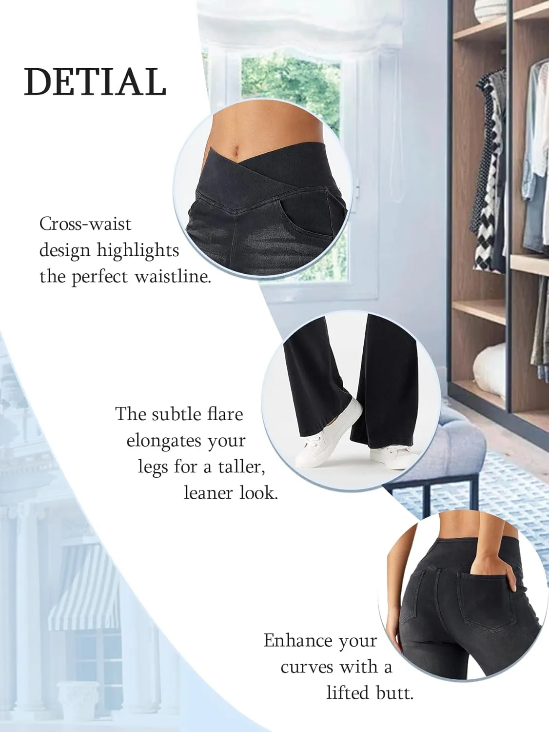 Bell Bottom Jeans for Women High Waisted Stretchy Flare Jeans Pull On Crossover Wide Leg Flared Pants with Pockets