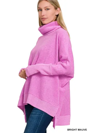 Brushed Melange Cowl Neck Oversized Sweater (Bright Mauve)