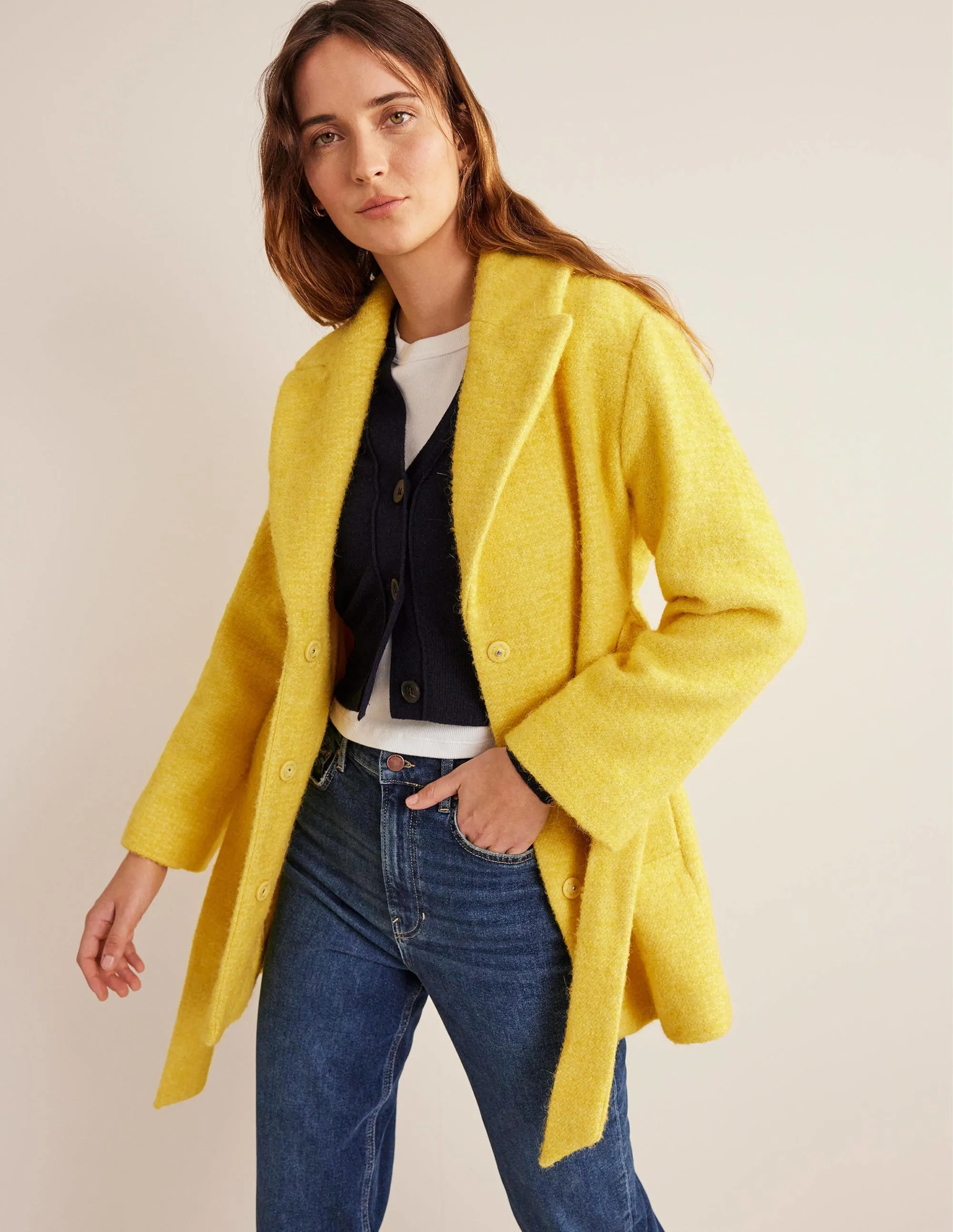 Brushed Wool Blend Belted Coat-Yellow