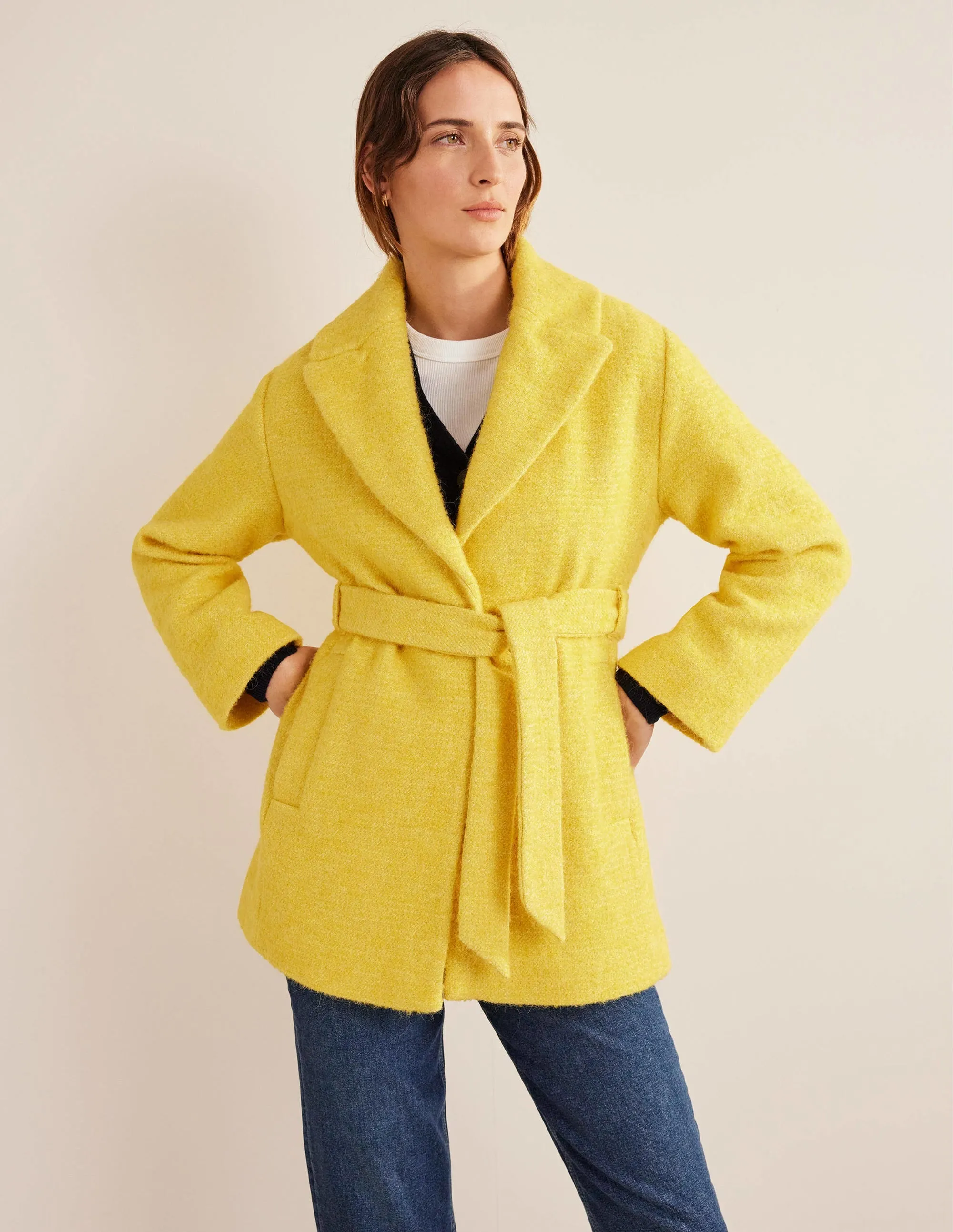 Brushed Wool Blend Belted Coat-Yellow