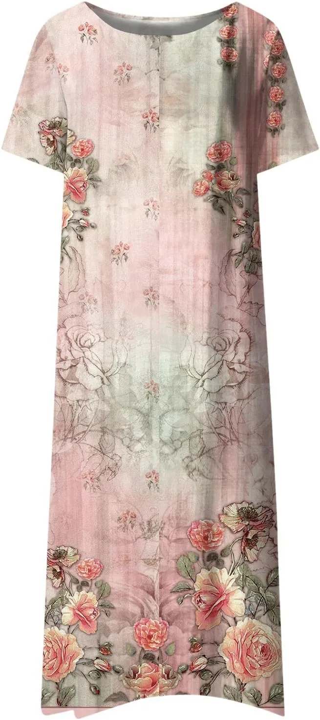 FlekmanArt Women's 2025 Summer Maxi Dress, Pocket Printed, Pleated Round Neck, Short Sleeve, Casual, Long Dress