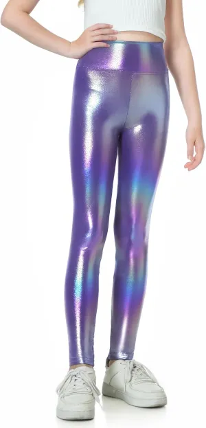 Gnainach Girls Metallic Leggings High Waisted Kids Yoga Pants Stretch Shiny Running Dance Tights for Teen School Workout