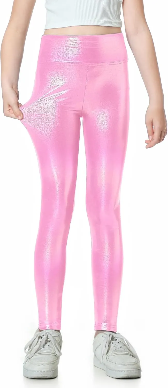 Gnainach Girls Metallic Leggings High Waisted Kids Yoga Pants Stretch Shiny Running Dance Tights for Teen School Workout