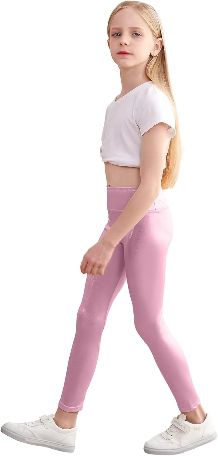 Gnainach Girls Metallic Leggings High Waisted Kids Yoga Pants Stretch Shiny Running Dance Tights for Teen School Workout