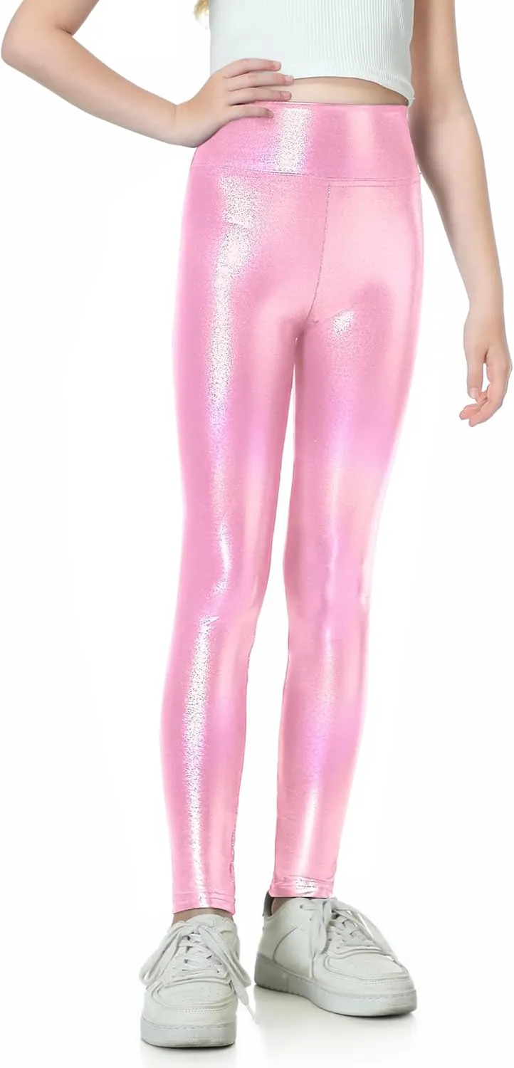 Gnainach Girls Metallic Leggings High Waisted Kids Yoga Pants Stretch Shiny Running Dance Tights for Teen School Workout