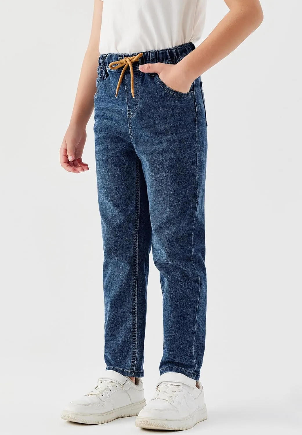 Haloumoning Boys Jeans Kids Elastic Waist Straight Leg Denim Pants with Drawstring 4-14 Years