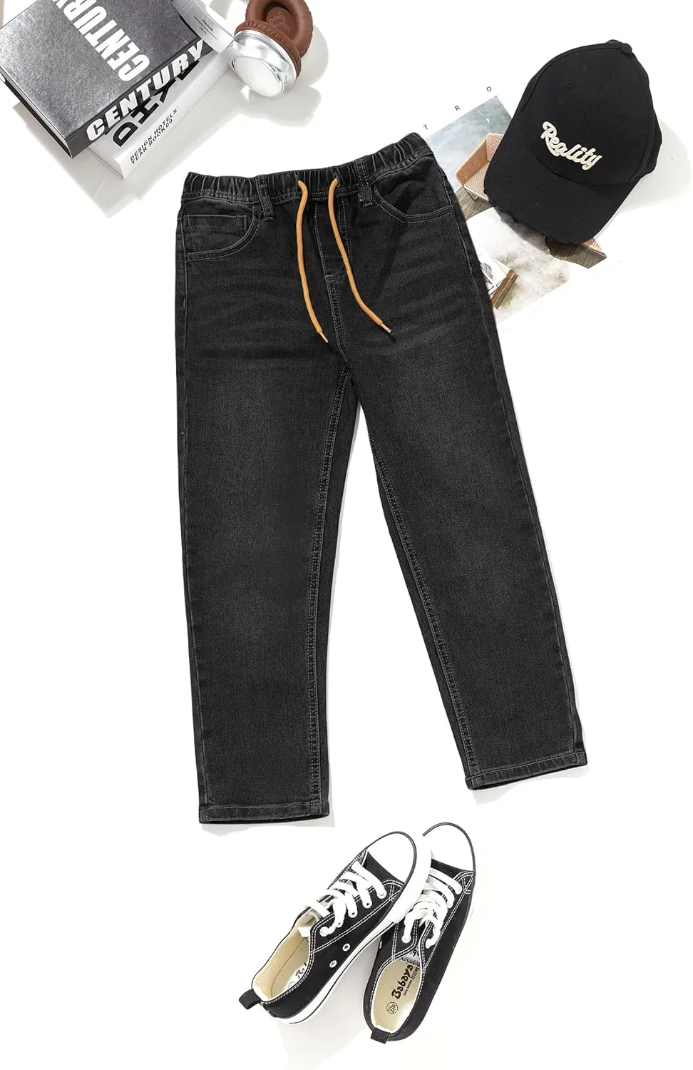 Haloumoning Boys Jeans Kids Elastic Waist Straight Leg Denim Pants with Drawstring 4-14 Years