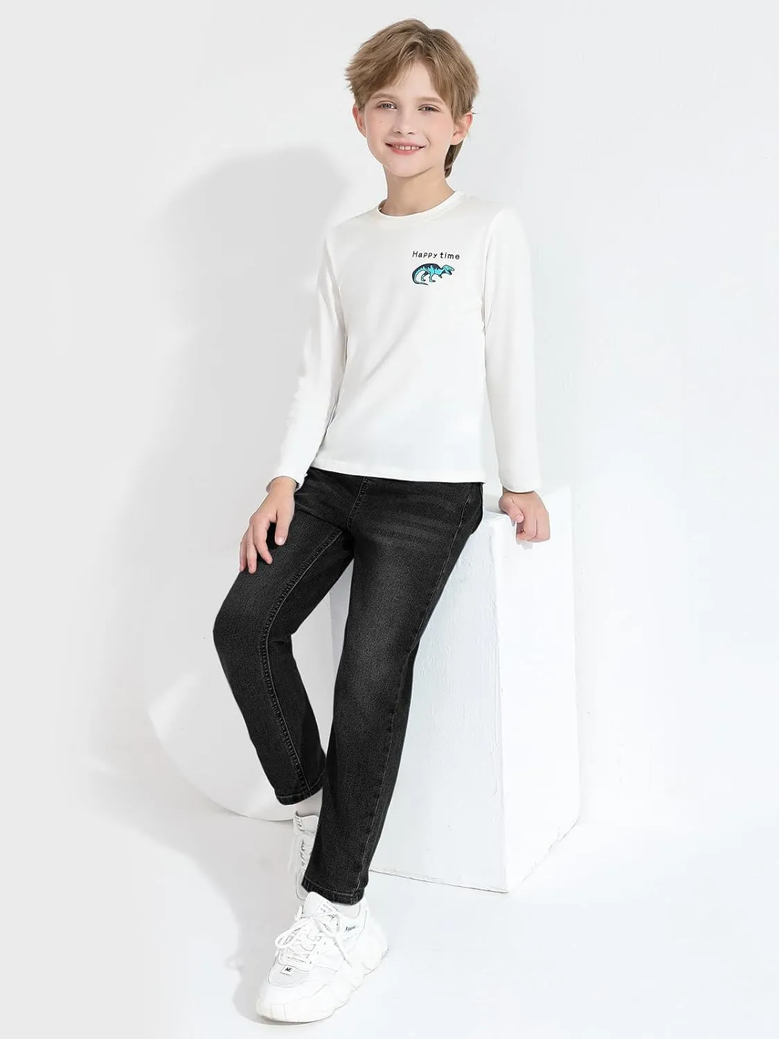 Haloumoning Boys Jeans Kids Elastic Waist Straight Leg Denim Pants with Drawstring 4-14 Years