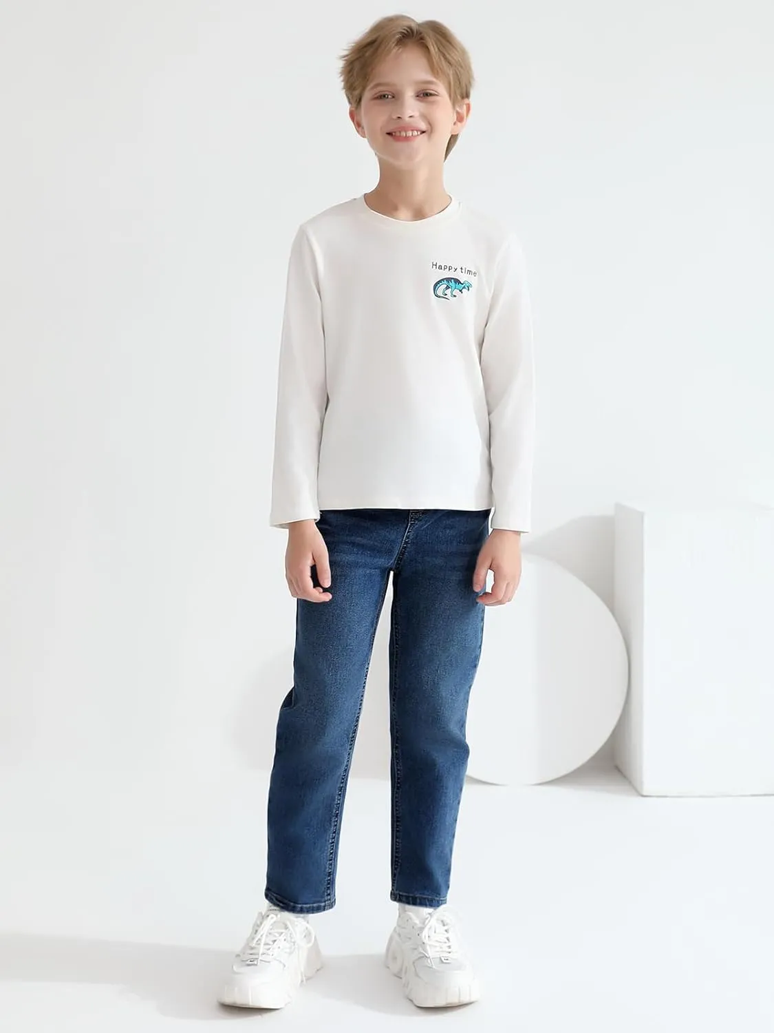 Haloumoning Boys Jeans Kids Elastic Waist Straight Leg Denim Pants with Drawstring 4-14 Years
