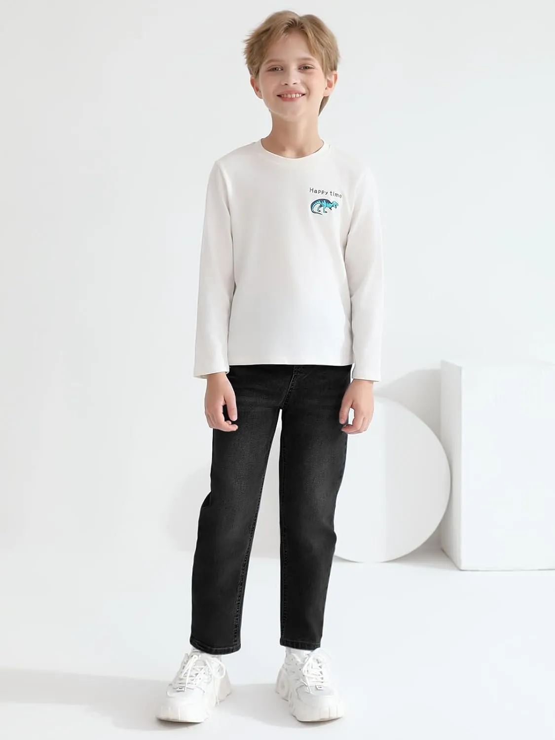 Haloumoning Boys Jeans Kids Elastic Waist Straight Leg Denim Pants with Drawstring 4-14 Years