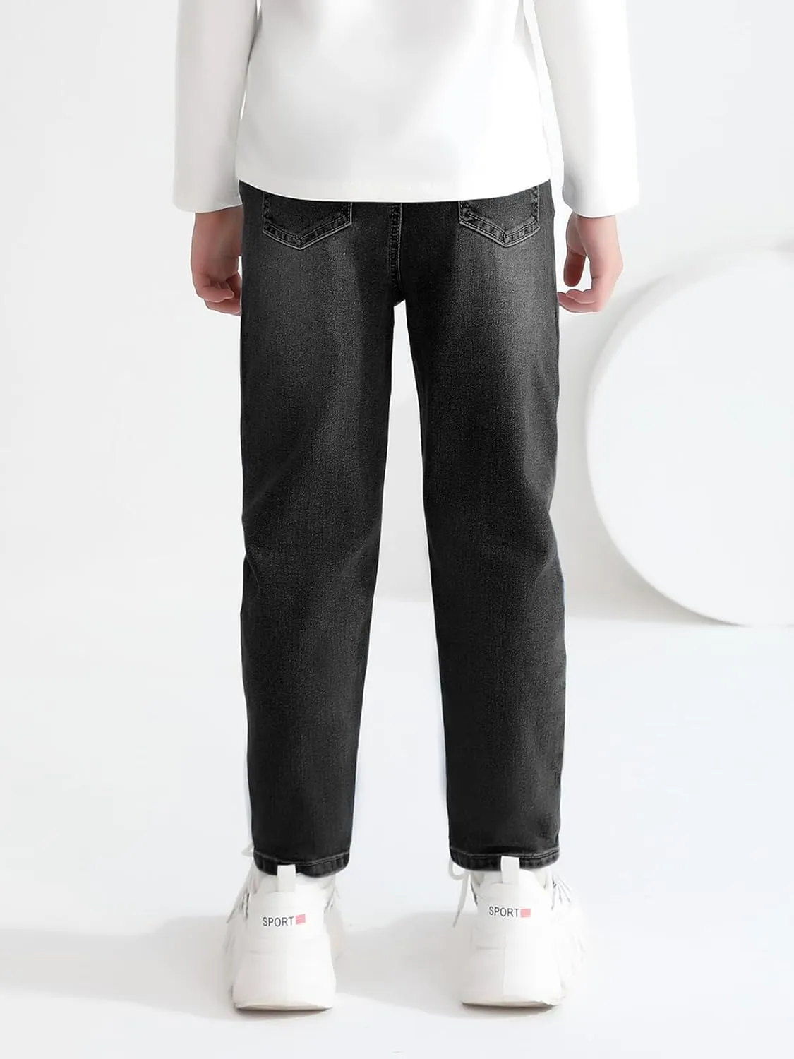 Haloumoning Boys Jeans Kids Elastic Waist Straight Leg Denim Pants with Drawstring 4-14 Years