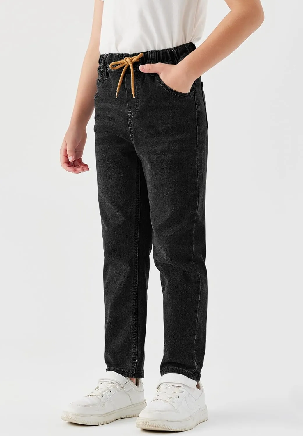 Haloumoning Boys Jeans Kids Elastic Waist Straight Leg Denim Pants with Drawstring 4-14 Years