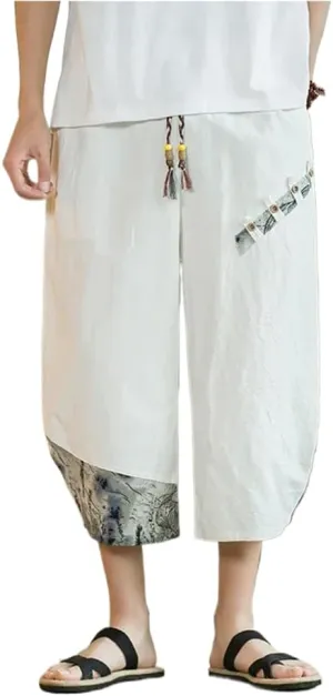 Japanese Kimono Men' Cotton Linen Samurai Clothing Patchwork Print Retro Harem Pants Loose Shorts Hop s1 White XL