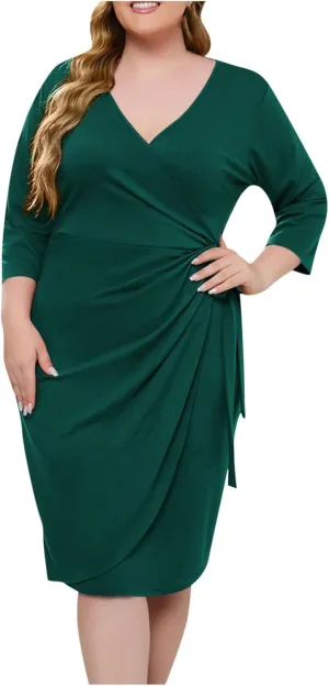 JOAU Plus Size Women Wrap V Neck Midi Dress Long Sleeve Side Bow Tie Ruched Elegant Party Wedding Guest Cocktail Dresses