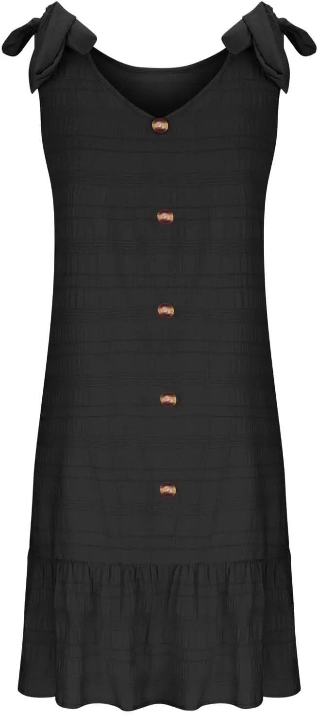 JOAU Women Plus Size Summer V Neck Sleeveless Tie Strap Button Ruffle Hem Boho Sundress Casual Flowy A-Line Mini Tank Dress